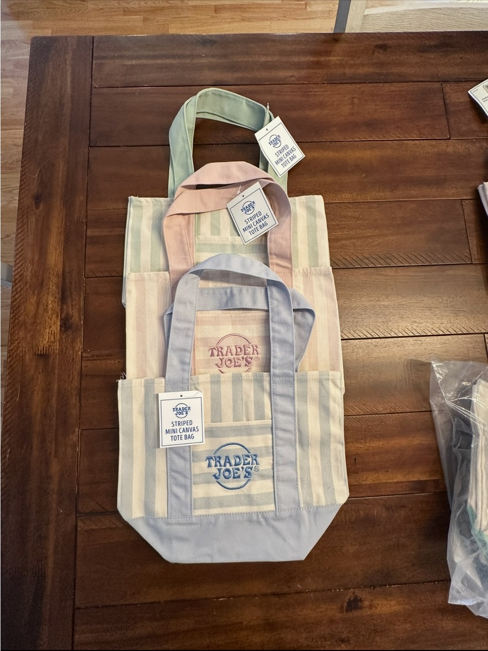 Trader Joe’s mini totes, summer 2026 pastel stripe. 1 light blue, 1 pink, and